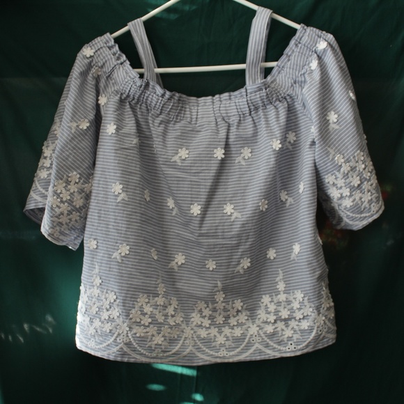 White & Blue Striped Blouse w/ Embroidered Flowers - Picture 2 of 8